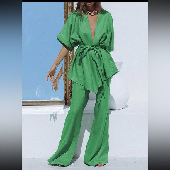 Commense Oversized Linen Tied Two Piece Kimono & Pant set - Picture 2 of 13